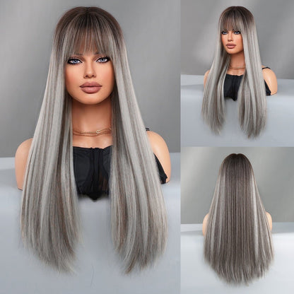 Gray Brown Long Straight Wig - SERENEWIG