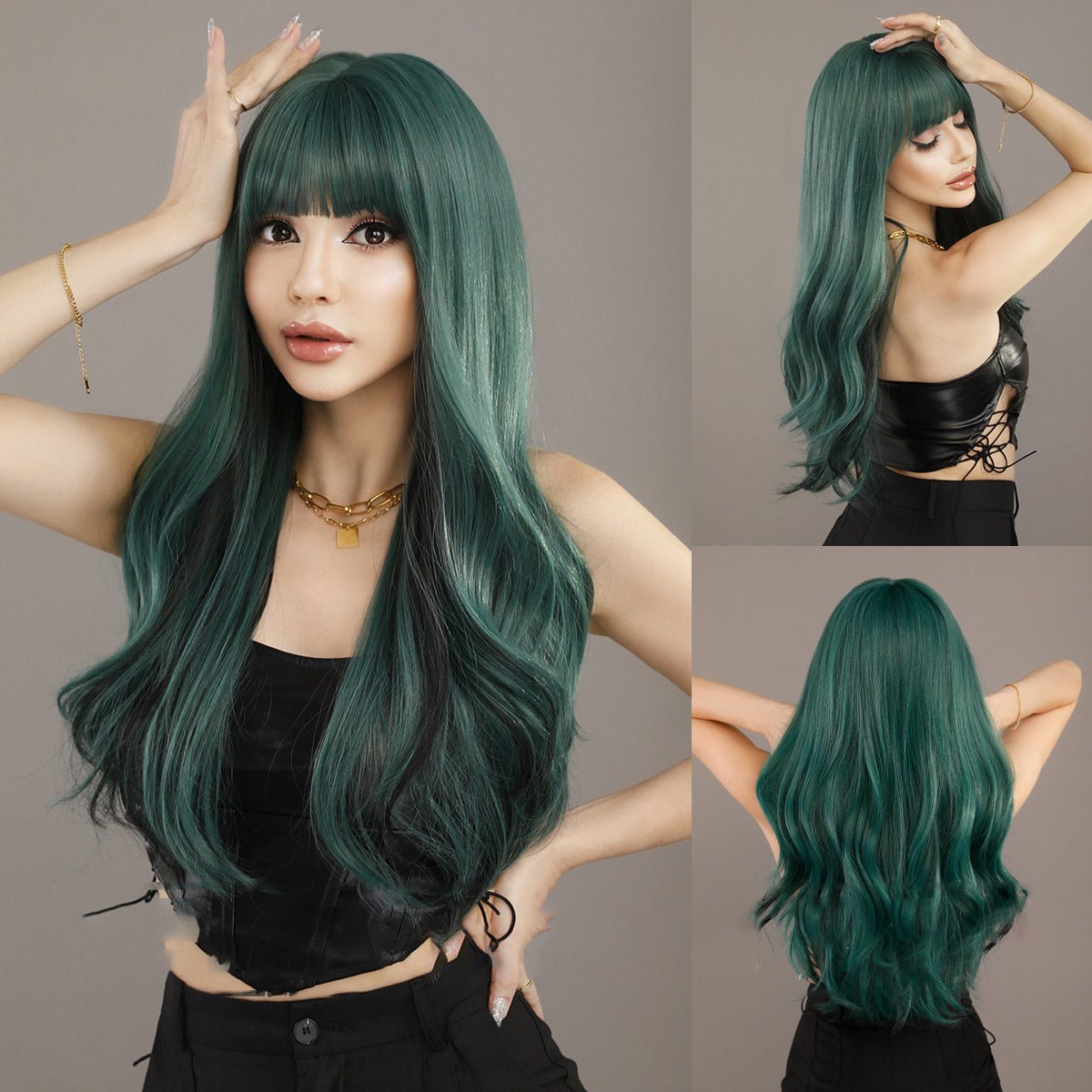 Green Straight Bangs Long Curly Wig - SERENEWIG