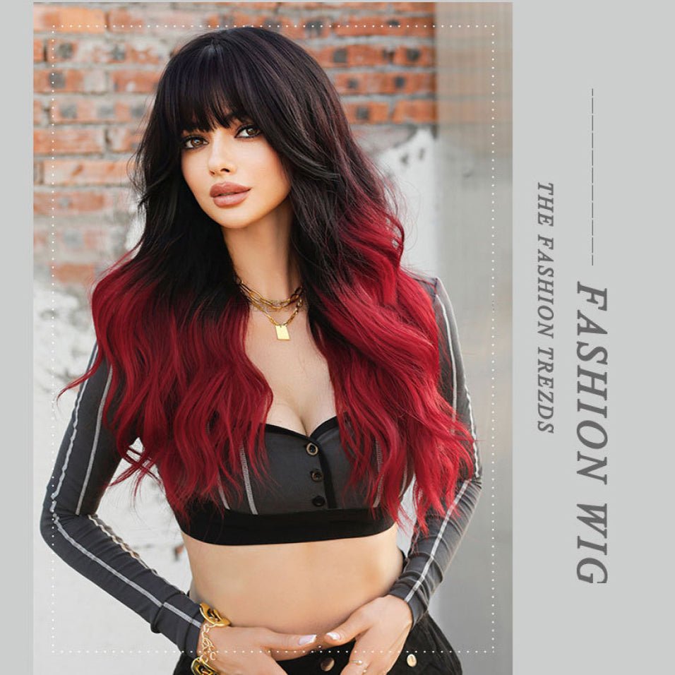 Ombre Black Red Long Curly Wig - SERENEWIG