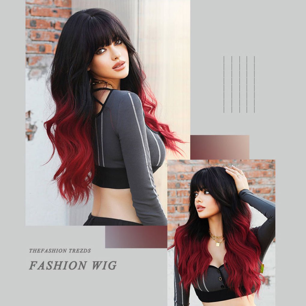 Ombre Black Red Long Curly Wig - SERENEWIG