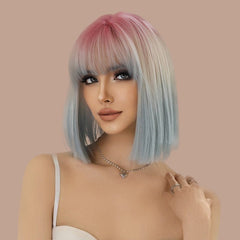 Pink Ombre Blue Short Straight Wig - SERENEWIG