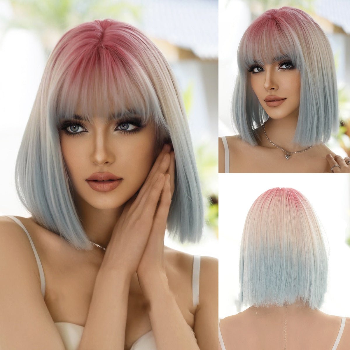 Pink Ombre Blue Short Straight Wig - SERENEWIG