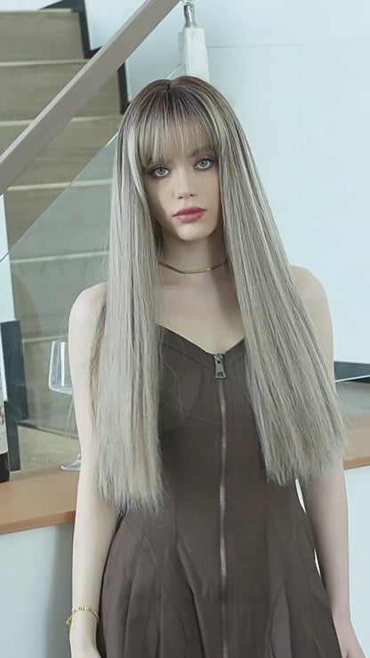 Gray Brown Long Straight Wig